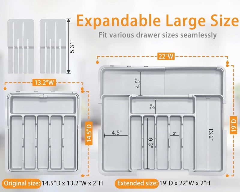 Homecor Silverware Drawer Organizer for Kitchen, Adjustable Utensil Drawer Organizer with 2 Knife Block, BPA Free Flatware and Cutlery Holder, Expandable Plastic Storage for Spoons Forks Knives(Grey) - Image 2